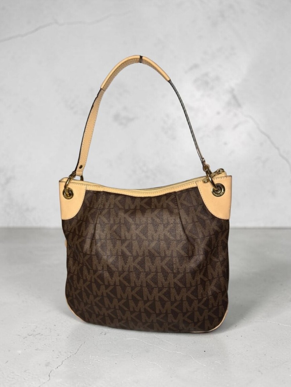 Michael Kors Brown MK Logo Shoulder Bag with Beige Trim - Picture 2 of 8